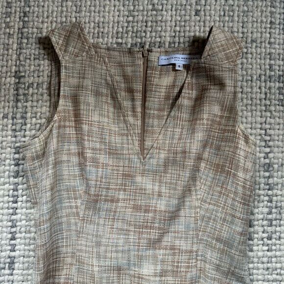Carolina Herrera Beige Tweed Textured V Neck Dress 8 - Picture 6 of 9